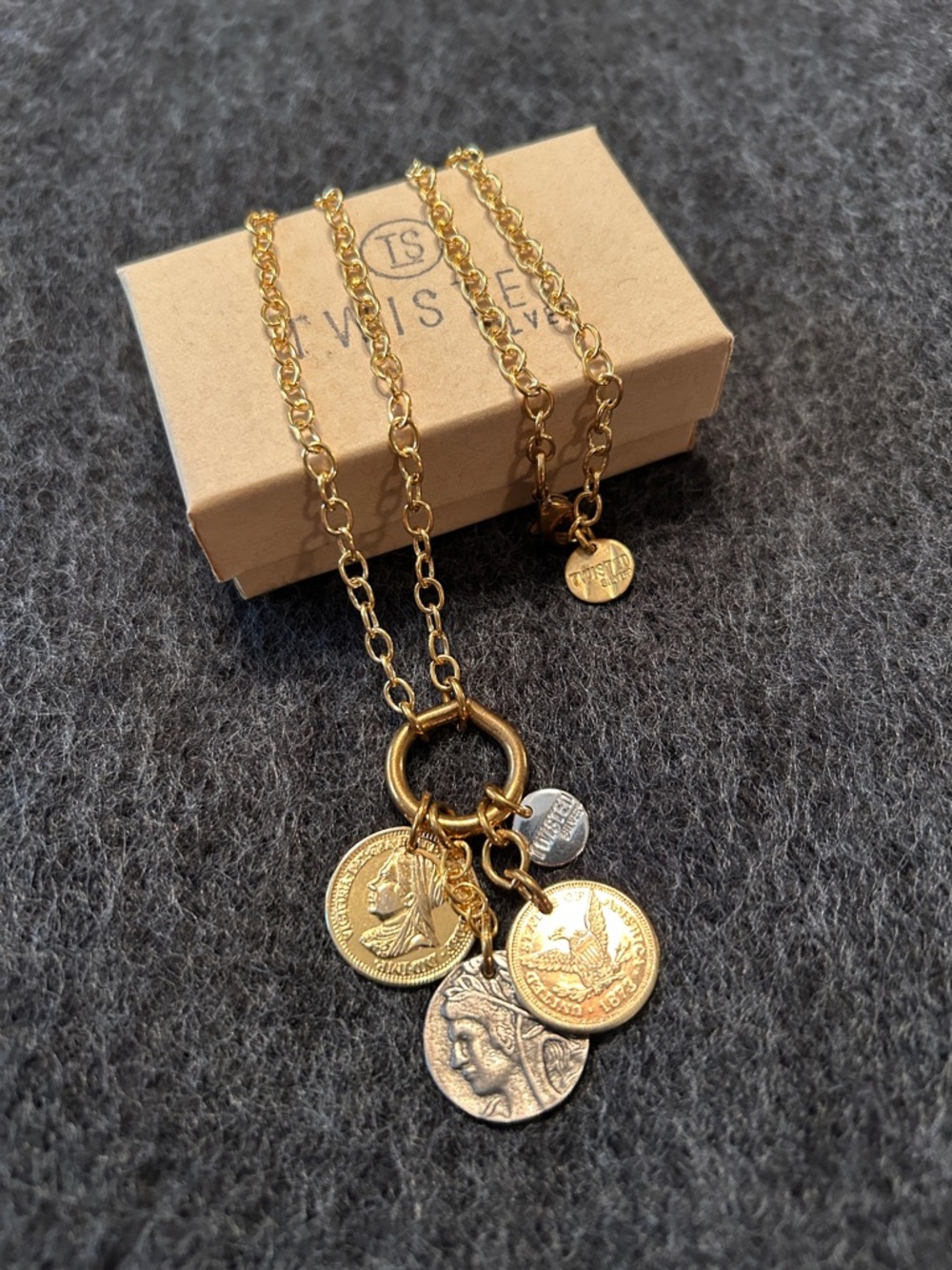 Twisted Silver Atlas Coin Necklace, NIB